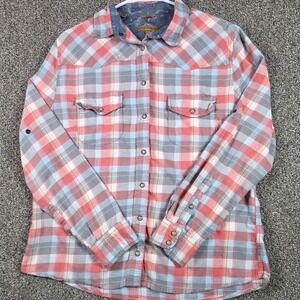 Jachs Girlfriend BEA Plaid Western Snap Shirt Women Large Pink Blue Long Sleeve